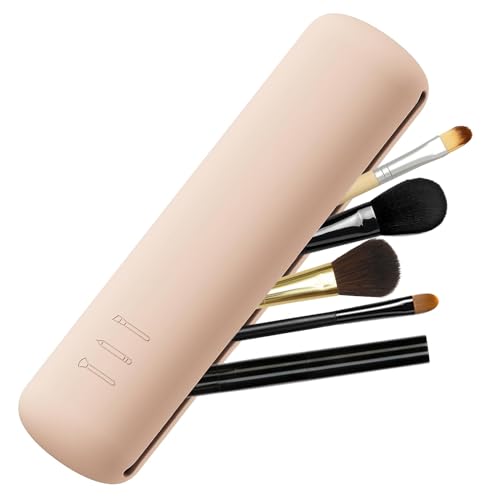 Makeup Brush Holder, Travel Silicone Makeup Brush Case, Makeup Brush Box with Magnetic Closure, Portable Foundation Brush Pouch, Makeup Brush Organizer Set(Khaki)