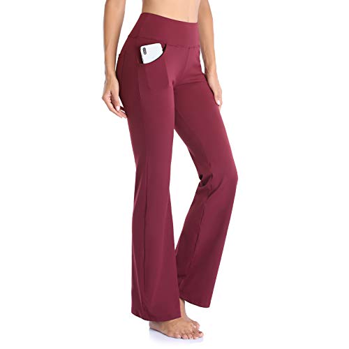 GIMDUMASA Pantalones de Yoga para Mujer Pantalones Deportivos de Trabajo de Cintura Alta Bootcut con Bolsillos Bootleg Control de Barriga para Entrenamiento y Casual(Rojo Profundo,XS