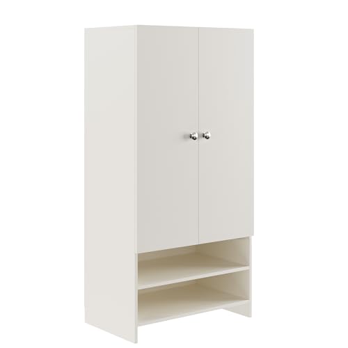 Image of FURNEASER YSH Engineered Wood Wardrobe Almirah for Clothes with 2 Doors & Open Shoe Rack | Wooden Closet Cabinet Organizer for Bedroom Living Room | Storage Cupboard (White)