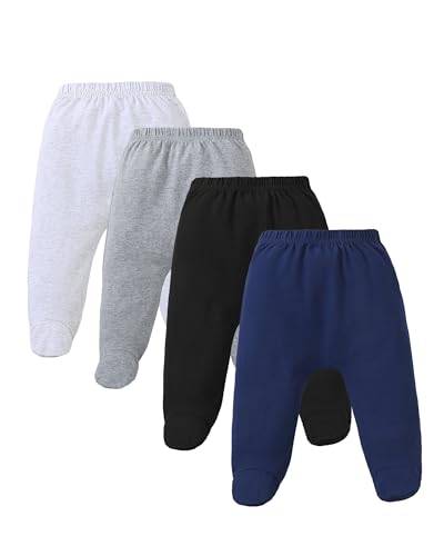 Image of Coaturi 4 Pack Baby Footed Pants: Soft Cotton Spandex Pants with Feet Pull on Bottoms for Infant Unisex Baby Boys Girls