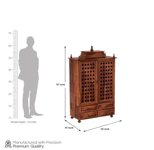 Image of Solid Sheesham Wood Temple for Home & Office /Mandir /God Stand /Pooja Stand /Home Mandap /Mandapam with Cabinet Doors & Multiple Storage /Shelf with Drawers (Honey2, 32x15x57 inch)