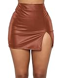 FEOYA Women's High Waisted Faux Leather Bodycon Split Slim Mini Pencil Skirt Brown, Medium…