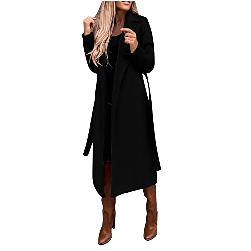Women Faux Wool Pea Trench Coat Elegant Notch Collar Thin Long Jacket Ladies Slim Long Belt Womens Ring Master Jackets Black Women Faux Wool Pea Trench Coat Elegant Notch Collar Thin Long Jacket Ladies Slim Long Belt Womens Ring Master Jackets Black