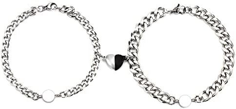 Matching Magnetic Bracelets For Couples Friendship Best Friend Mother Daughter Sister Boyfriend And Girlfriend 2 His And Her Love Relationship Bff Cuban Link Chain Heart Bracelet Gift Jewelry (black and silver)