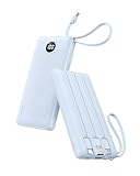 VRURC Portable Charger for iPhone Built-in Cables, 10000mAh Power Bank with LED Display, Slim Travel Battery Pack with Cords, 5 Output Dual Input Phone Charger for Cell Phone - Blue