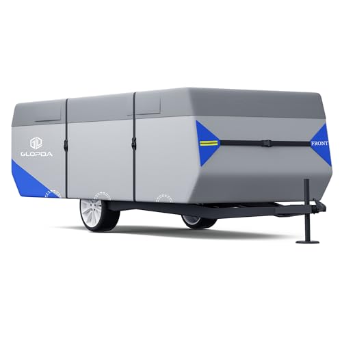 GLOPDA Pop Up Folding Camper Cover Fits 8 - 10 Trailers Anti-Tear 7 Layers Top 3 Layers Side Tent Trailer Cover Waterproof Pop Up Folding Trailer Cover with Windproof Strap Superior RV Covers
