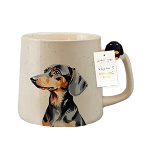 Fyne-Finds Ceramic White Dog Mug 350ML Cute Puppies Figurine Handle Novelty Tea Coffee Cup (Dachshund)