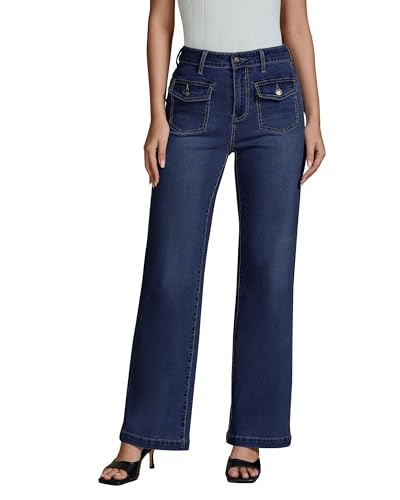 luvamia Wide Leg Jeans Woman High Waisted Trendy Stretchy Denim Work Trouser Jeans with Retro Button Flap Patch Pockets