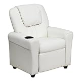 Flash Furniture Vana Vinyl Kids Recliner with Cup Holder, Headrest, and Safety Recline, Contemporary Reclining Chair for Kids, Supports up to 90 lbs., White