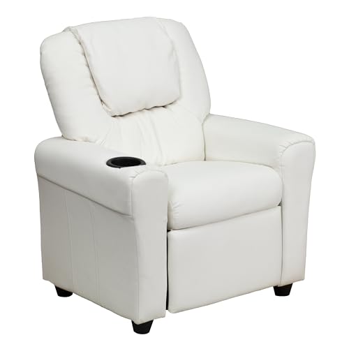 Flash Furniture Vana Vinyl Kids Recliner with Cup Holder, Headrest, and Safety Recline, Contemporary Reclining Chair for Kids, Supports up to 90 lbs., White