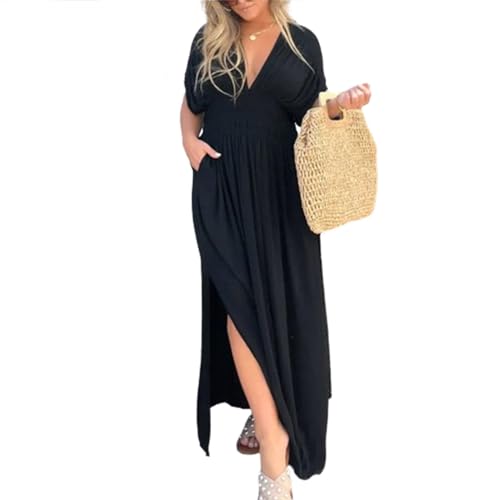 HFDHD Slit V-Neck Effortless Maxi Long Dress,Pleated High Waist Loose Backless Vacation Party Beach Dress (3XL,Black)