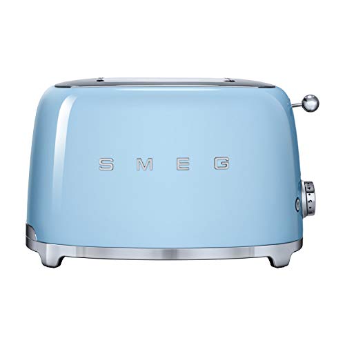 Smeg TSF01PBUK Retro 2 Slice Toaster, 6 Browning Levels, Extra-Wide Bread Slots, Defrost and Reheat Functions, Removable Crumb Tray, 950 W, Pastel Blue