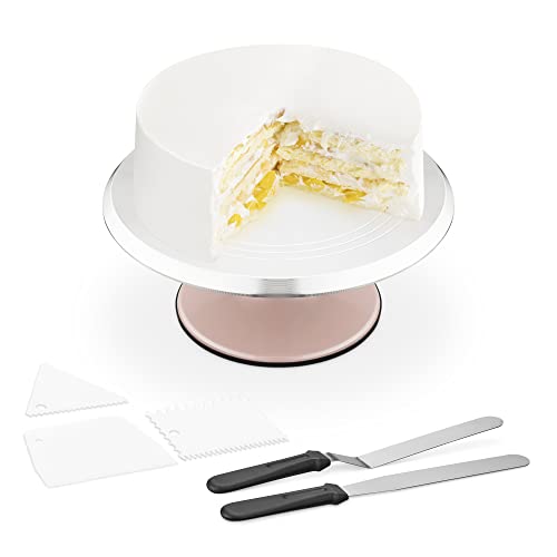 Navaris Rotating Cake Stand - Pink Base - Cake Display & Decorating Set With 30Cm Metal Turntable | 1 Offset Spatula | 1 Straight Spatula | 3 Scrapers #TOP24