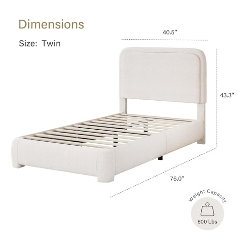 Image of BarnFurin Twin Bed Frame, Cloud Boucle Headboard, Rounded Corners, White