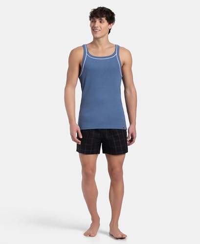 Image of Jockey US54 Men's Super Combed Cotton Rib Square Neckline Gym Vest with Back Panel Graphic Print (Shoulder Starp Color May Vary)