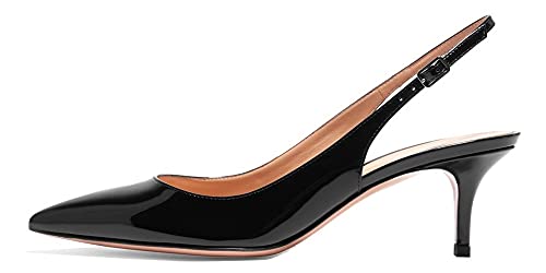 Eldof Women's Slingback Ankle Strap Pointed Toe Kitten Heel Pumps Mary Jane Slip On 6.5CM Mid Heel Shoes