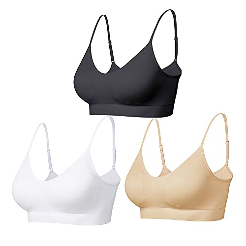 Comfyin Bustier Damen Gepolstert Sport BH Set ohne Bügel Yoga BH Top 3er Pack, Schwarz+weiß+beige, S