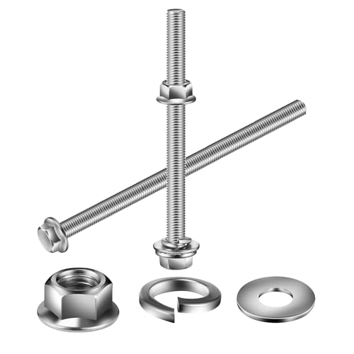 M10 x 80mm Flanged Hex Head Bolts, Nuts, Flat &amp; Lock Washers, 10Pcs 18-8 (304) Stainless Steel, Fully Threaded, by SG TZH