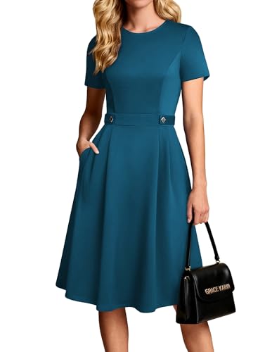 Damen Kleider Elegante, A-Linie Rundhals Kuzarm Kleid Damen mit Tasche, Business Festliche Kleider Rockabilly Blaugrün XL