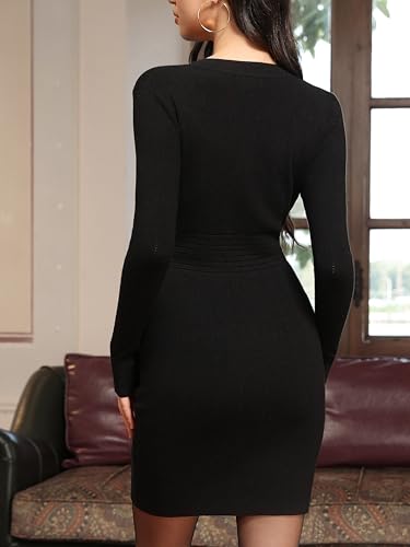 M.Infisavo Womens Sweater Knit Bodycon Dress, V Neck Mini Casual Dresses Long Sleeve Button Down Vintage Fall Elegant Outfit3