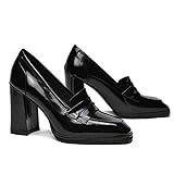 FOWT Dressy High Block Heels Loafers for Women Patent Leather Classical Square Toe Pumps Wide Width Loafer Big Size Comfortable Slip On Walking Shoes School Uniform Goth Oxfords Size 7 US Black