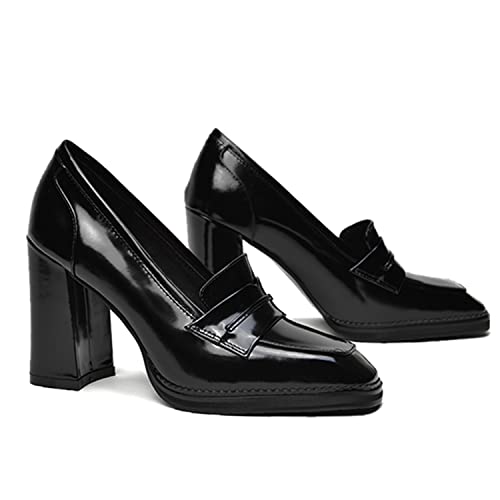 Image of FOWT Dressy High Block Heels Loafers for Women Classical Square Toe Pumps Comfortable Slip On Walking Shoes School Uniform Goth Oxfords US Size 4-16 M
