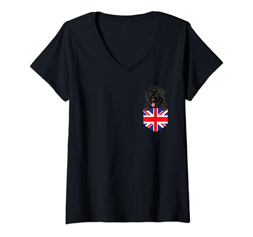 Womens United Kingdom Flag Bouvier des Flandres Dog In Pocket V-Neck T-Shirt, Black