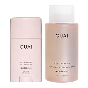 OUAI Melrose Place Duo - Aluminum Free Deodorant (2.5 oz) + Body Cleanser (10 fl oz) - Odor Control, Hydrating Body Wash, Rose & Lychee Scented Body Care Set