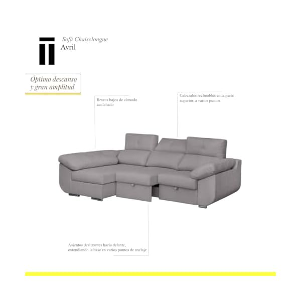 Sofá Chaise Longue 3 Plazas con Asientos Deslizantes – Modelo Avril SHIITO, Color Ceniza, Diseño Moderno 280x150 cm