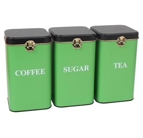 Hylruu Set of 3 Green Metal Canisters for Tea, Coffee, and Sugar - 800ML Storage Jars with Black Lids