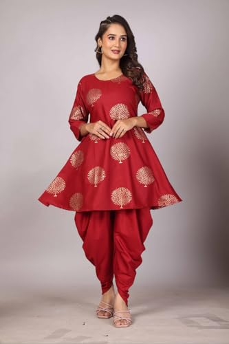 Image of Floral Print Cotton Kurta and Dhoti Set for Women Designer