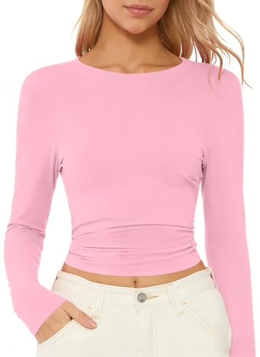 Image of Women's Long Sleeve T Shirts Slim Fit Basic Soft Tee Crew Neck Solid Color T-Shirt Layering Tops LightPink S