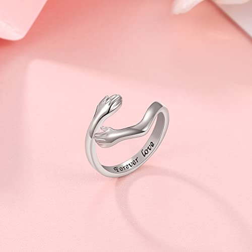 Hug Ring For Women Sterling-Silver Adjustable - White Gold Plated Hand Hugging Hug Rings For Teen Girl Women Mens Mom And Daughter Mother's Day Birthday Holiday Jewelry Gift 5-8# #TOP3