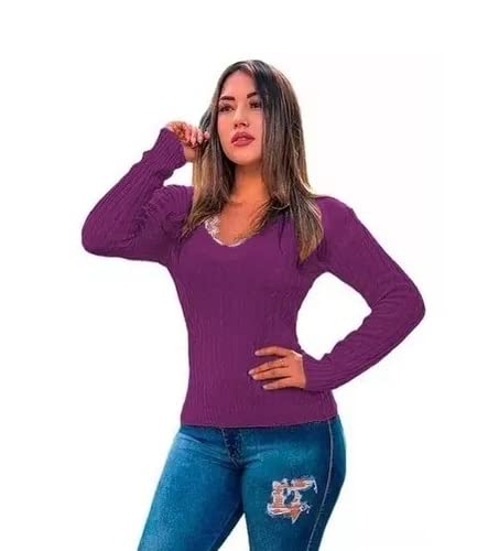 Blusa Cardigan Tricot Trançadinho Feminina Ref:983 (ROXO, P)