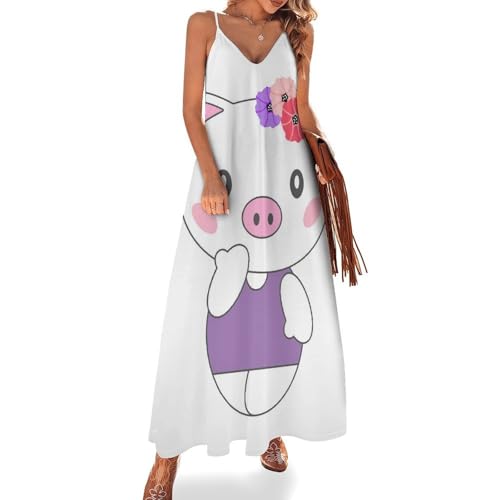 Robe Longue pour Femme Ete Imprimé Cochon Mignon sans Manches
