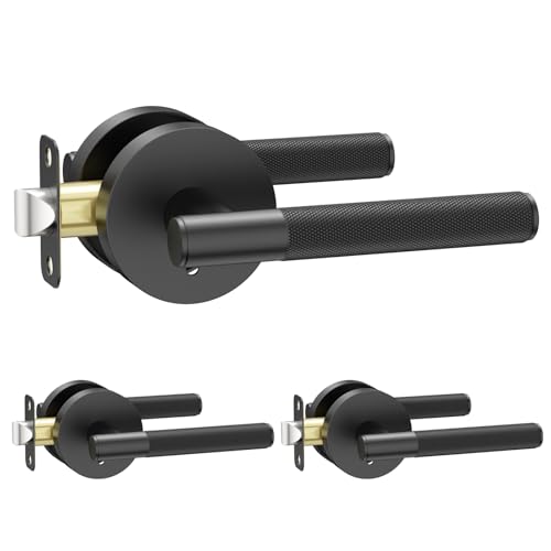 Amerdeco 3 Pack Matte Black Door Handles Interior, Knurled Privacy Door Handles with Lock,Heavy Duty Black Door Lever for Bedroom or Bathroom,Reversible Keyless for Left Right Handed Doors