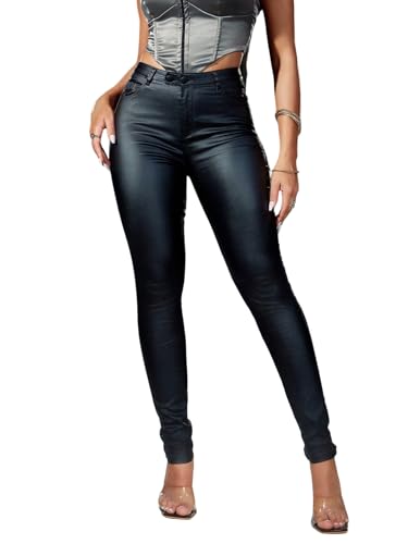 GORGLITTER Pantalones de piel para mujer, elegantes y ajustados, cintura alta, pantalones con bolsillos, legging con cremallera, pantalones de festival, Negro , M