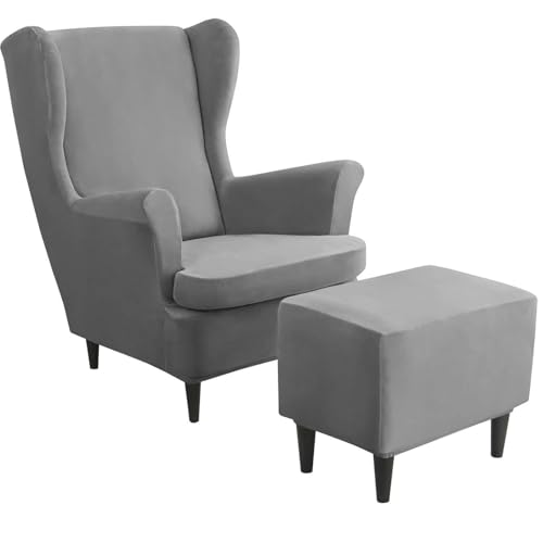 Fundas de terciopelo suave para sillones orejeros de 2 piezas gris oscuro con reposapies