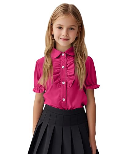Image of Girls Short Sleeve Button Down Shirts Ruffle School Uniform Crop Tops Peter Pan Collar Plaid Blouse 4-13Y