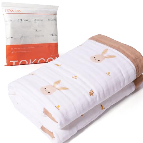Tokcom Swaddle Blankets, 6-Layer Gauze Receiving Blanket, Unisex Swaddle Wrap, Muslin Burping Clothes, Essentials Infant Shower Items (Rabbit)