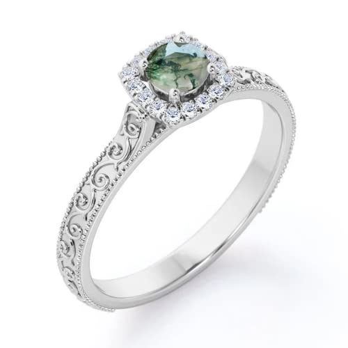 Natural Moss Agate Engagement Rings For Women White Gold 1-1/4 Carat(Ctw) Moss Agate Moissanite Rings Platinum Plated Silver 10K 14K 18K Gold Anniversary Promise Rings For Her With Text Engraving(Platinum Plated Silver) #TOP2