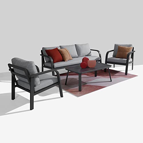 Aluminum Outdoor Patio Furniture Set, 4-Piece Deep Seating Conversation Sofa Sets, Outdoor Sectional Metal Sofa With 4.5 Inches Waterproof Cushion For Balcony,Dark Grey #TOP12