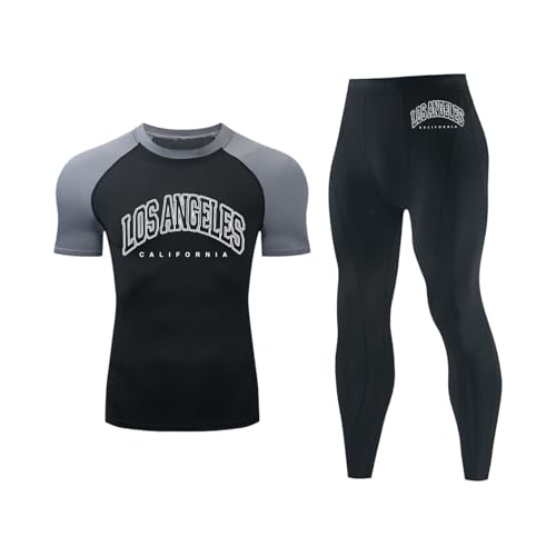 Generisch Chándal para hombre con estampado de letras, chándal de manga corta, traje deportivo, traje de ocio, 2 piezas, ropa de fitness, camiseta de compresión, juego de chándal de compresión, traje