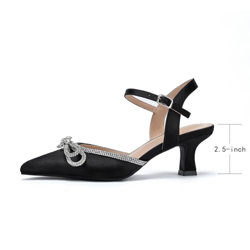 Wide Width Kitten Heels for Women Rhinestone Bow Pointed Closed Toe Pumps Ankle Strap Wedding Bridal Party Dress Shoes3