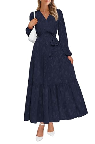 PRETTYGARDEN Womens Spring Long Sleeve Wrap V Neck Ruffle Floral Maxi Dress Casual Tie Waist Boho Chiffon Flowy Long Dresses(Navy,XX-Large)