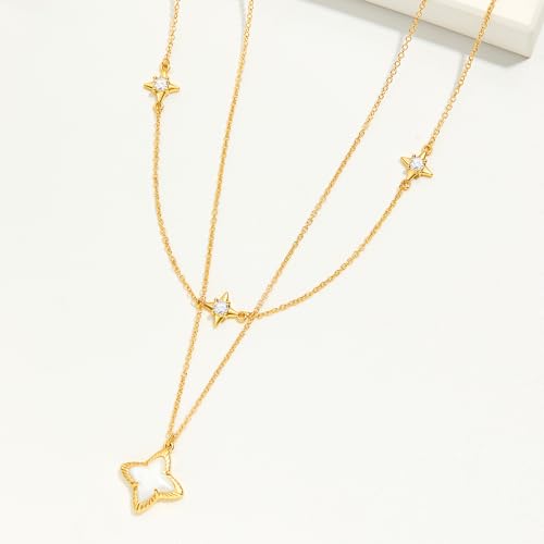 Cicy Bell Womens Four Point Star Necklace Sets Double Layer Chain 18k Gold Plated Cubic Zirconia Mother of Pearl Lucky Pendant Necklace2