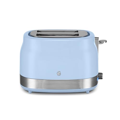Swan ST19028BLU Retro 2 Slice Toaster with 6 Browning Levels for Toast, Bagels, Breakfast Muffins, Defrost/Reheat/Cancel, Hidden Cord Storage, Non-Slip Feet, 930W, Blue and Stainless Steel