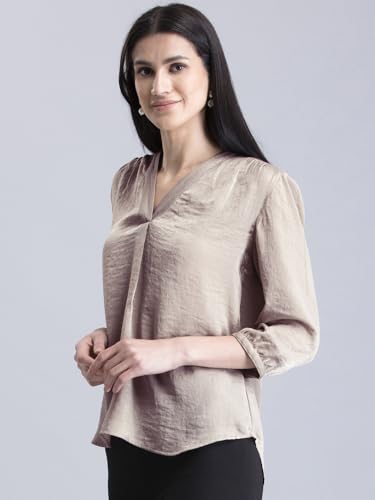 Image of FableStreet Women Formal & Casual Top | V-Neckline with Gathered Back Detail & Three-Quarter Sleeves | Premium Satin Fabric for Office Wear & Sophisticated Outings