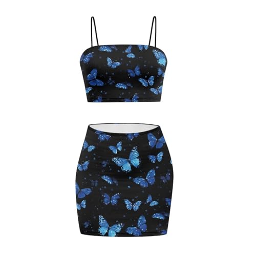Image of Biyejit Women's 2 Piece Summer Outfits Spaghetti Strap Crop Tops and Bodycon Mini Skirt Dress Set Plus Size S-4XL