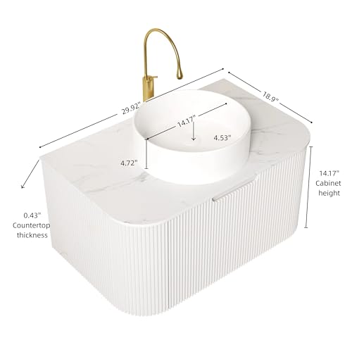 Image of KEIKI 30 inch Vanity with Sink, Floating Bathroom Cabinet with Soft-Close Drawer, 3D Striped Plywood Storage, Vessel Sink-Ready Modern Wall Vanity, White